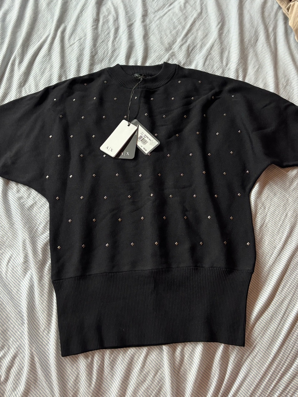 NWT A|X Armani Exchange Black Studded Knit Top - Picture 1 of 4